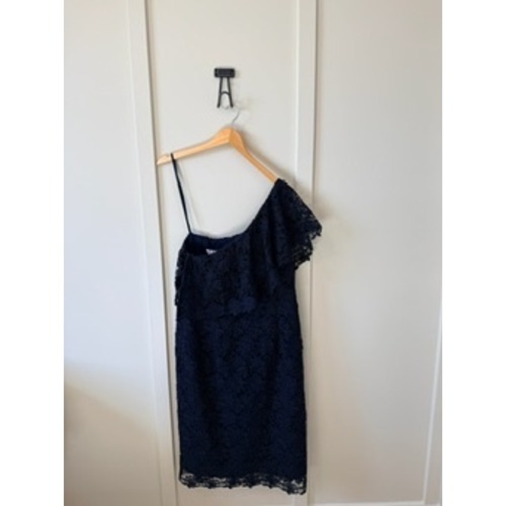 Nanette Lepore Navy Blue Lace One Shoulder Ruffle Sheath Cocktail Dress‎ Size 16